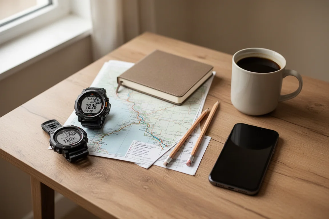 Escena de escritorio con reloj GPS, cuaderno, lápiz y café durante la planificación de ruta