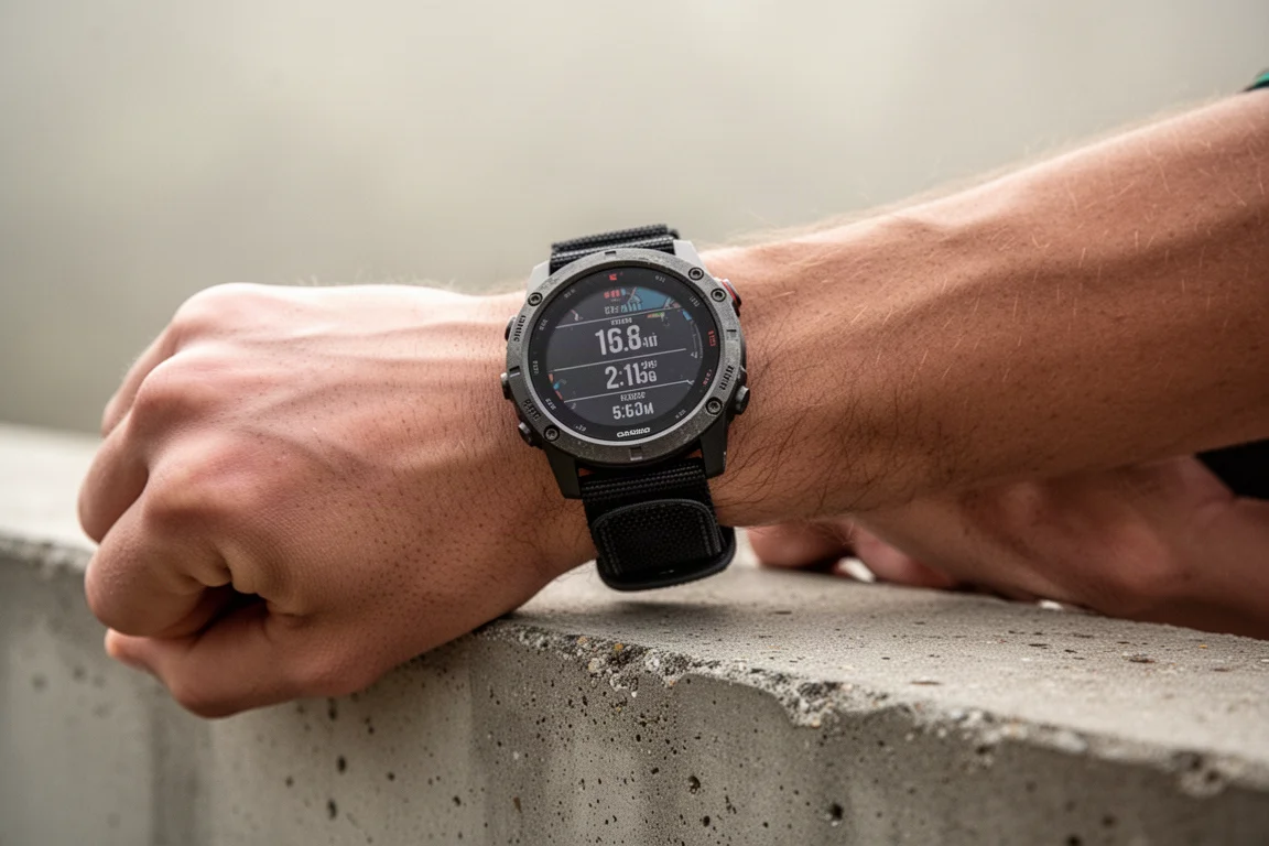運動員於山徑跑步時，佩戴採用彈性尼龍錶帶的 rugged 運動手錶