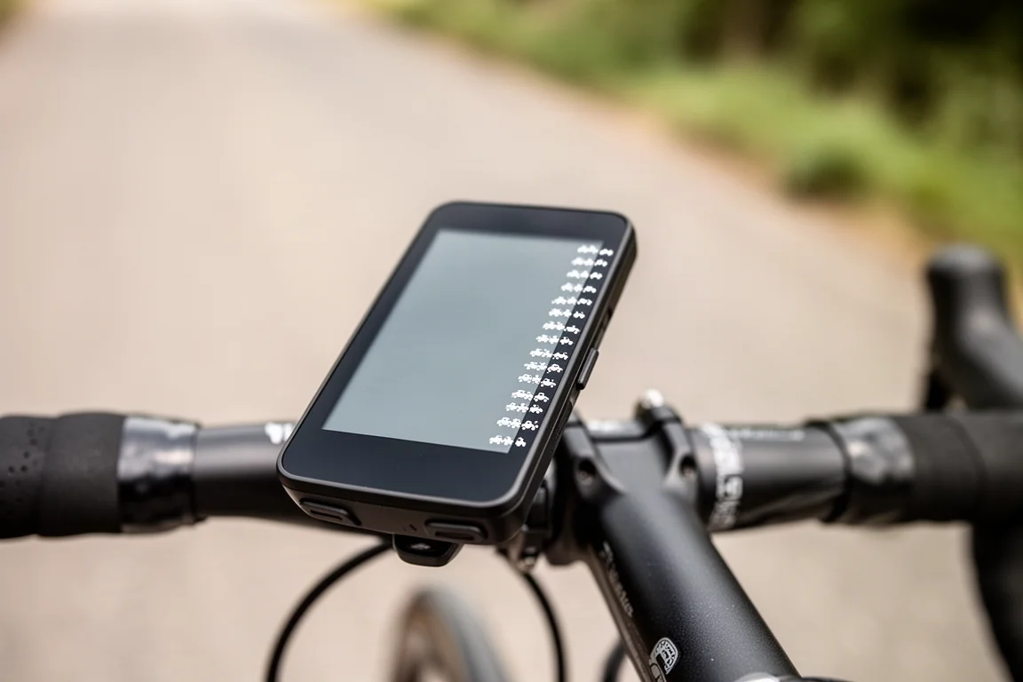 Écran de compteur de vélo montrant des points radar signalant des véhicules qui s'approchent par l'arrière