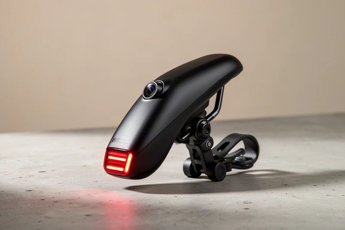 Garmin Varia RCT715 radar camera tail light unit mounted on a saddle rail adapter