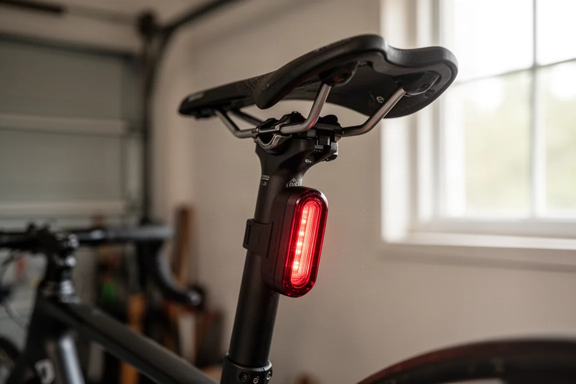 Achterzijde van een racefiets met een radarachterlicht op de zadelpen
