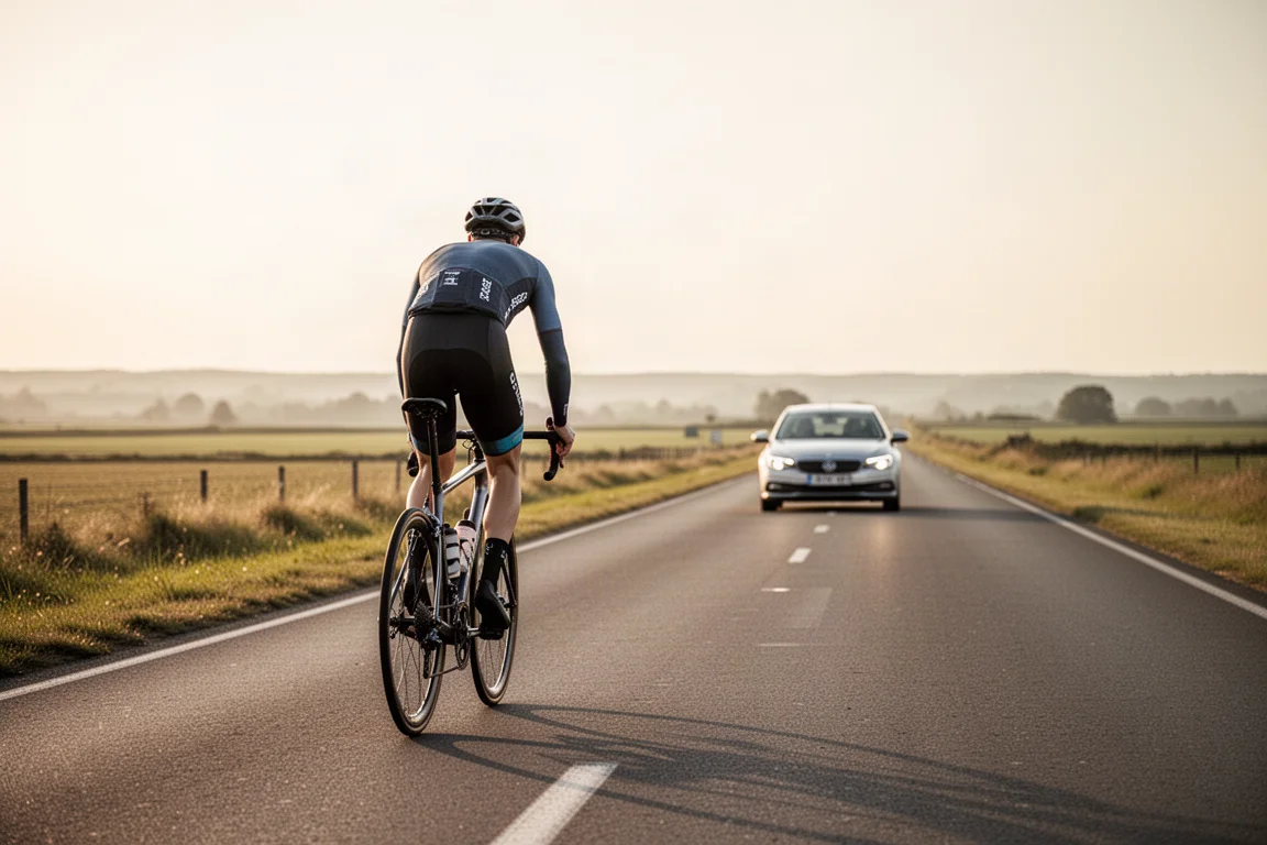 Fietser op een open landweg met verkeer ruim op afstand achter hem