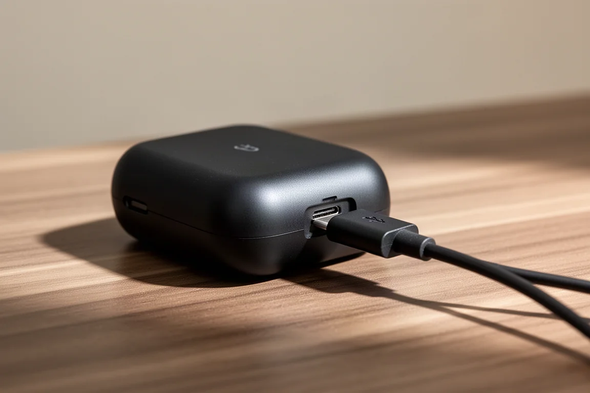 Close-up van een USB-C-kabel die in een klein fietsonderdeel zit