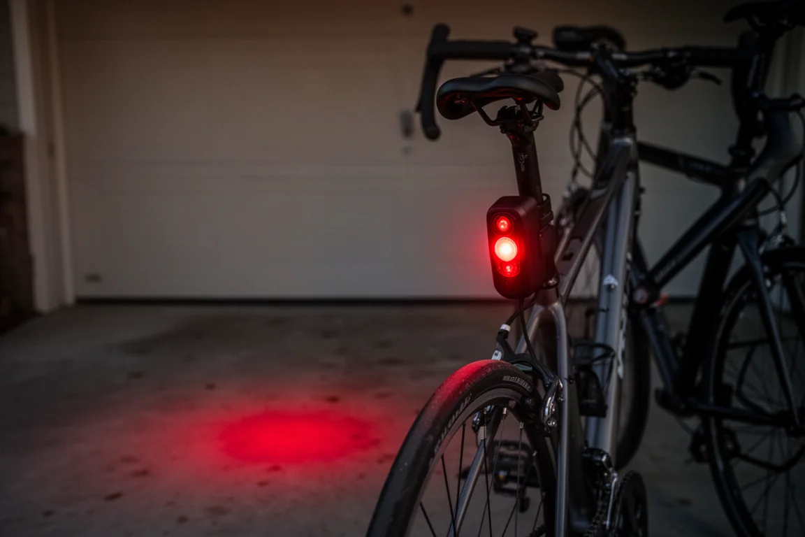 Fietssensor met camera die rood licht op een garagevloer werpt in de schemering