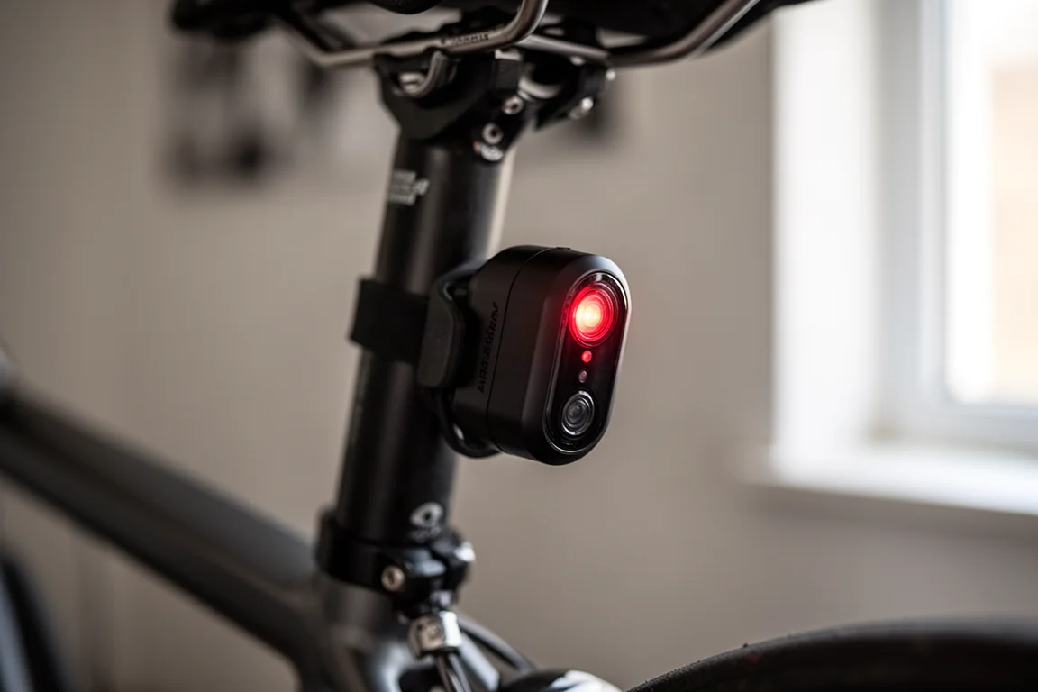 Detalhe da fixação traseira no canote de um radar para ciclismo com correia de borracha larga