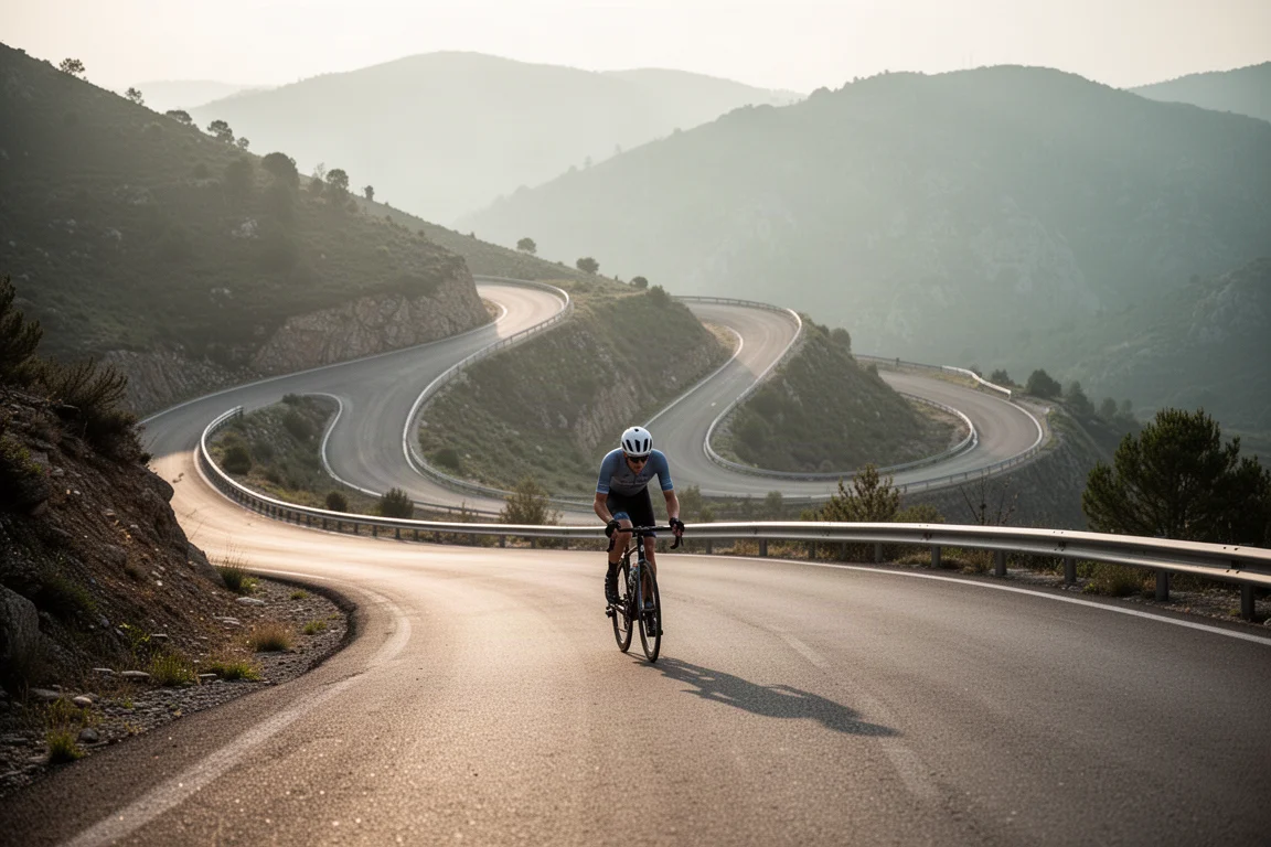 Ciclista pedalando em uma estrada de montanha sinuosa com curvas à frente