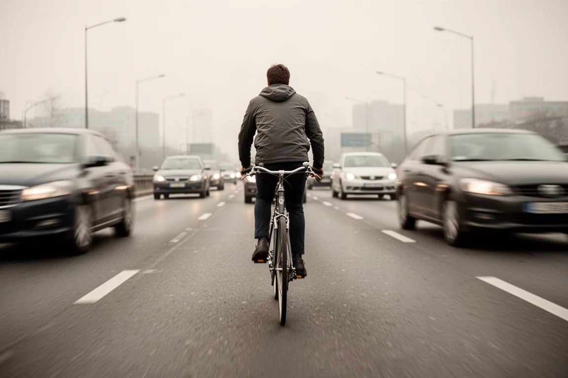 Ciclista pedaleando no trânsito misto com carros dos dois lados