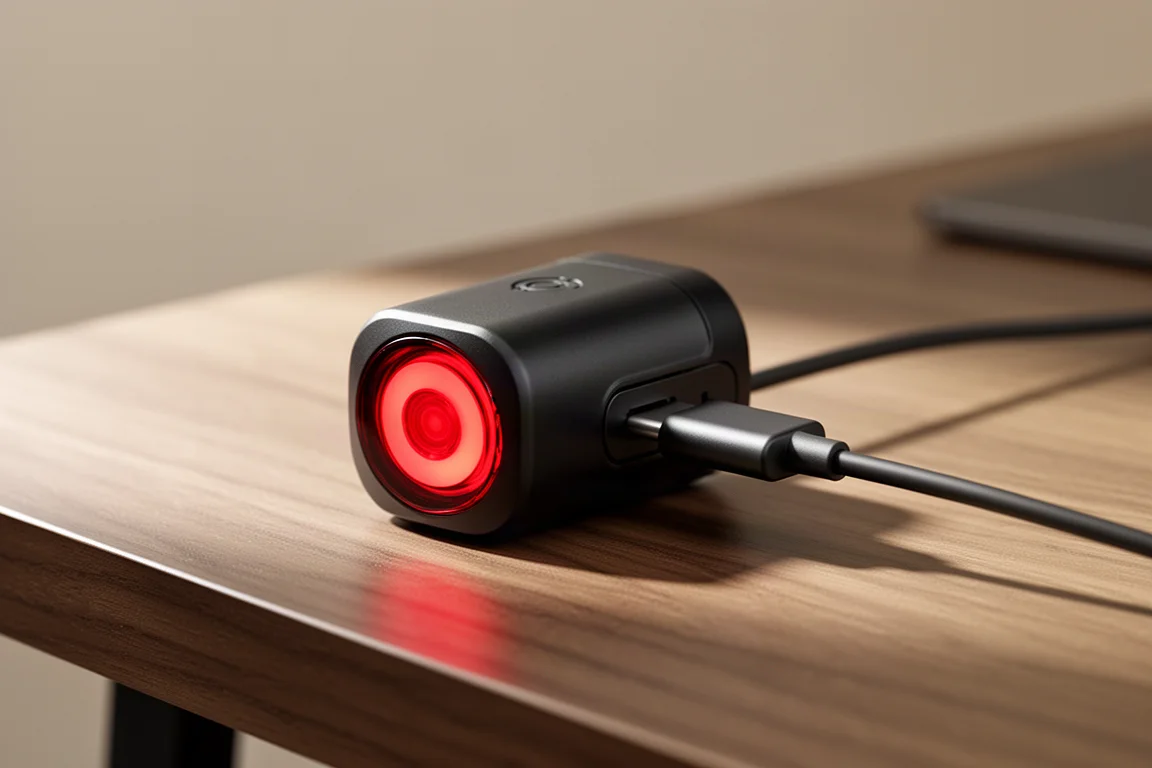 Lanterna traseira radar para ciclismo carregando via cabo USB-C em uma mesa de madeira