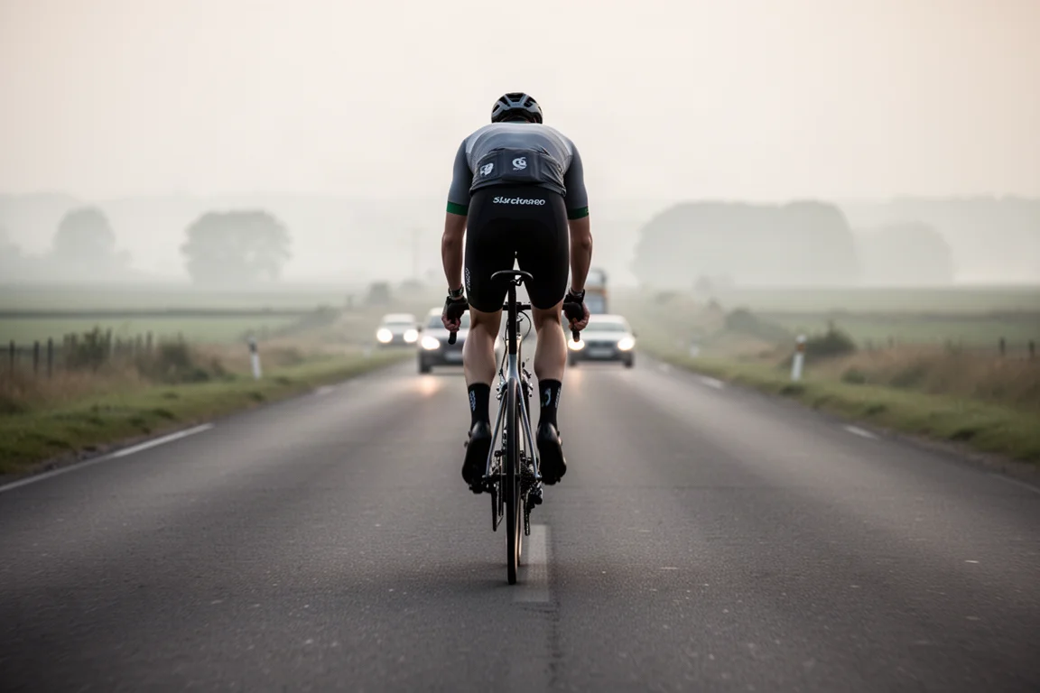 Cyclist riding on an open rural road with cars approaching from behind
