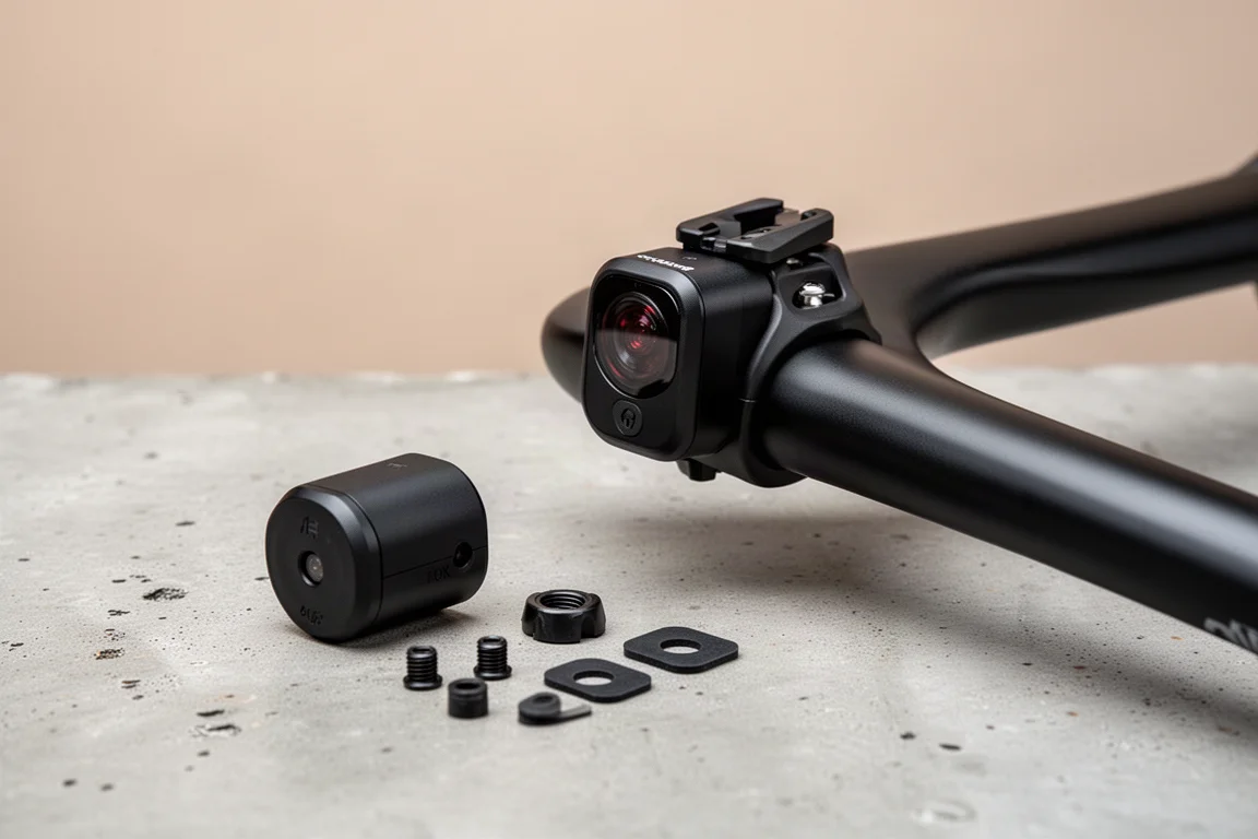 Radar tail light mounted on an aero seatpost showing its mounting bracket