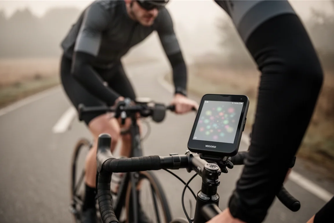 Cyclist glancing at a handlebar-mounted bike computer while riding