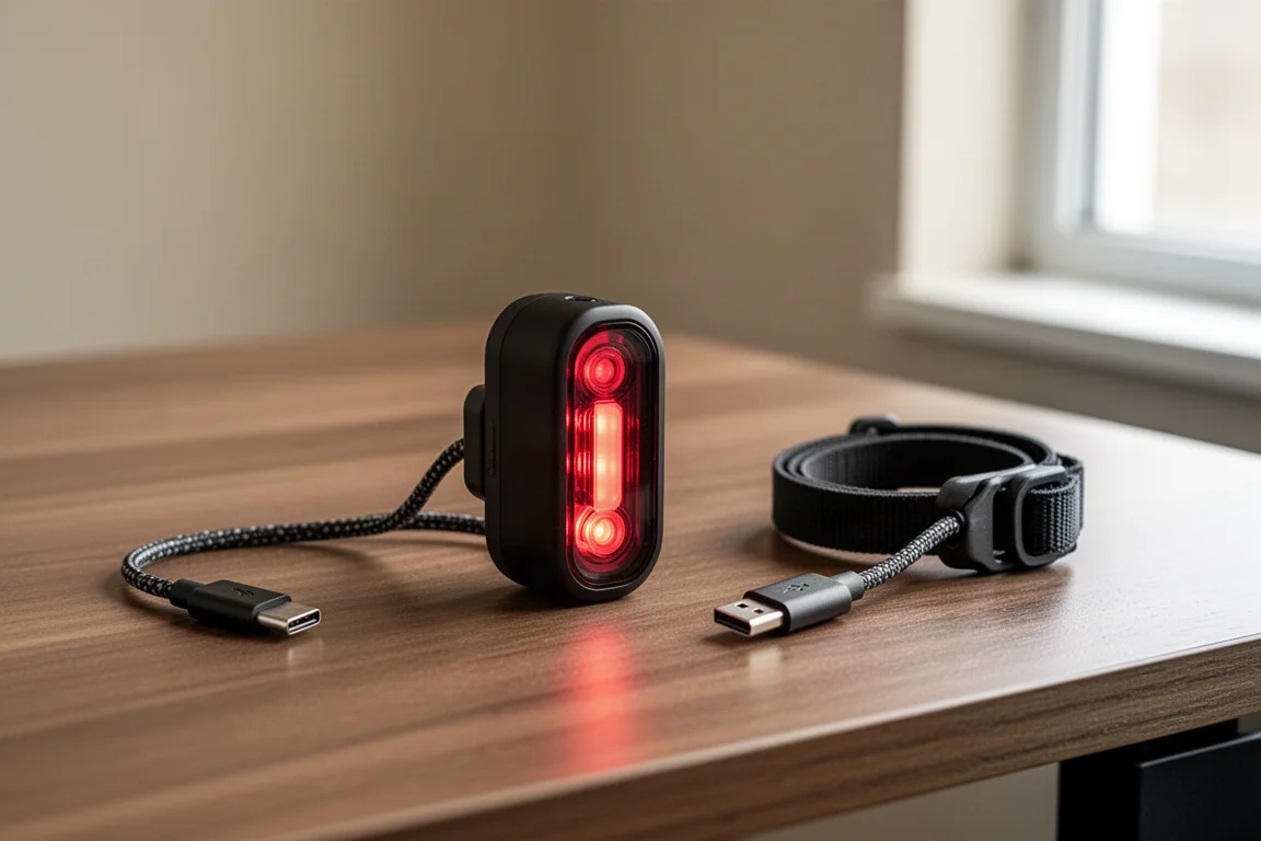 Radar tail light charging via a USB-C cable on a wooden desk
