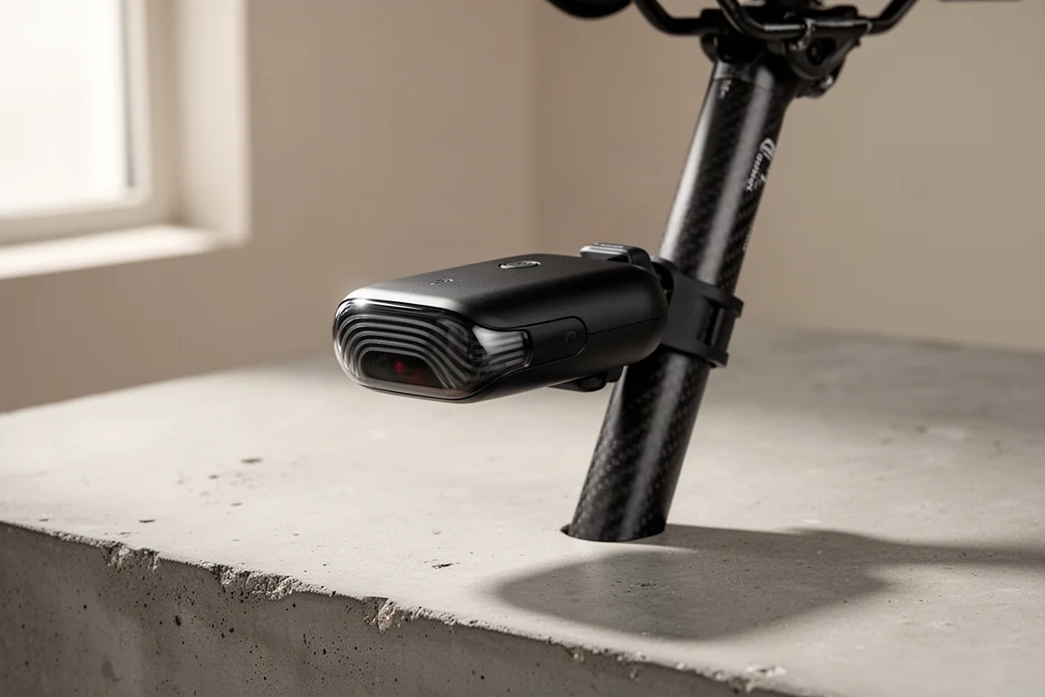 Black cycling radar tail light mounted on a carbon seatpost against a concrete background