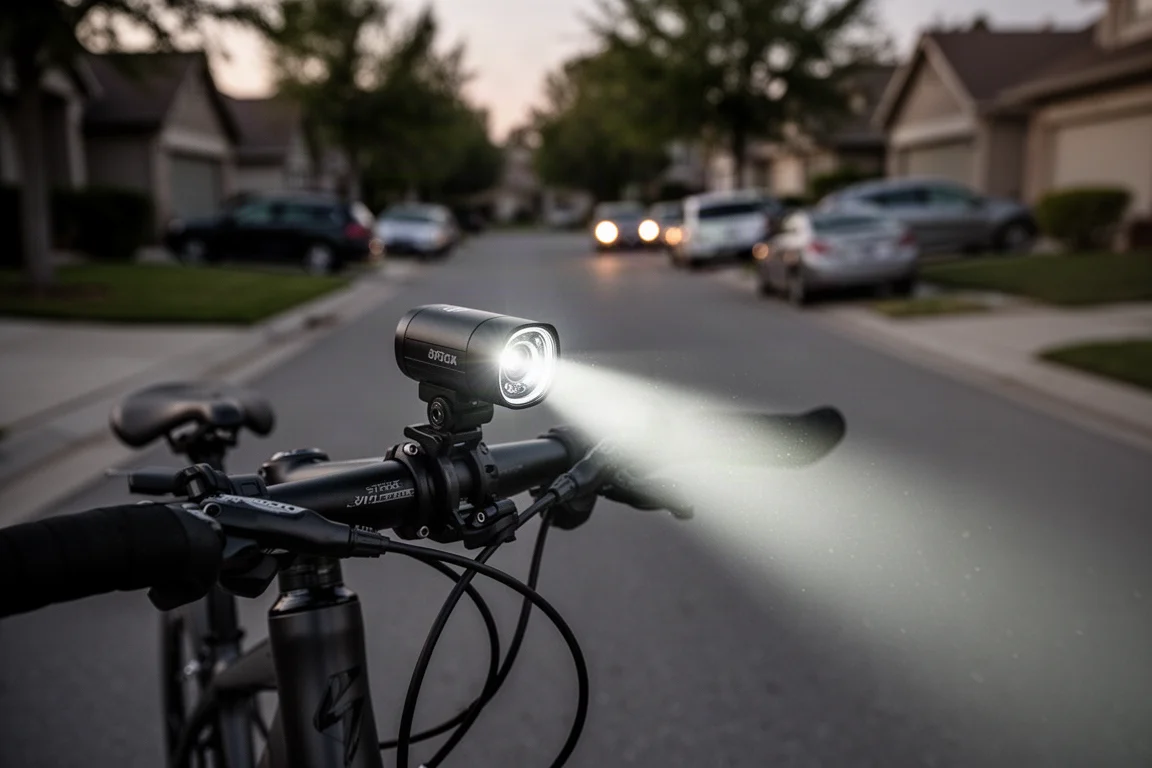 Vorn montierte Fahrradkamera und Frontlicht beleuchten eine Vorortsstraße in der Dämmerung