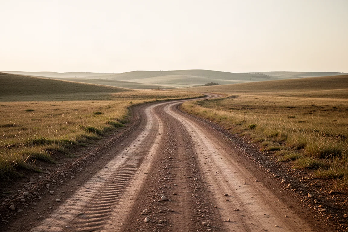 Geschwungene Schotterstraße durch offene Landschaft