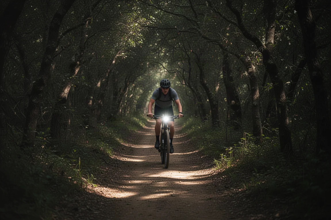 Radfahrer auf einem Waldweg bei schwachem Licht unter dichtem Blätterdach