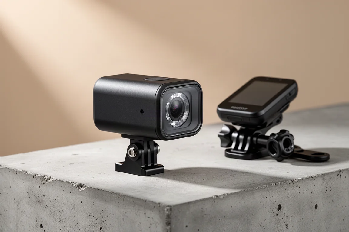 Telecamera faro anteriore Garmin Varia View su una superficie di cemento opaco