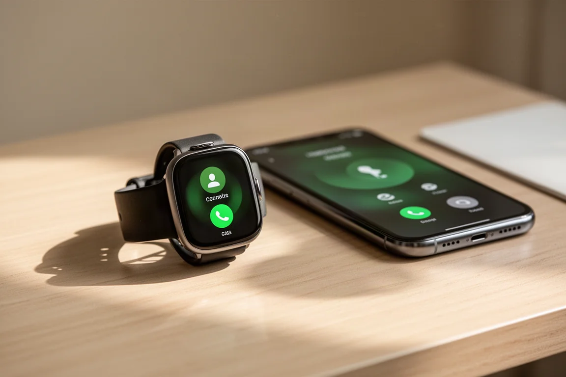 Smartwatch na biurku pokazujący ekran połączenia przychodzącego obok smartfona