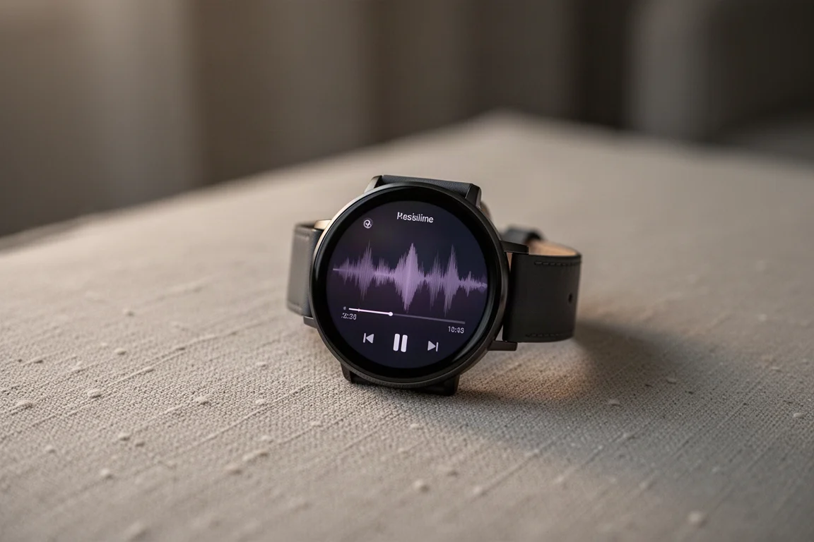 Ekran smartwatcha świeci podczas odtwarzania muzyki w relaksującym domowym otoczeniu