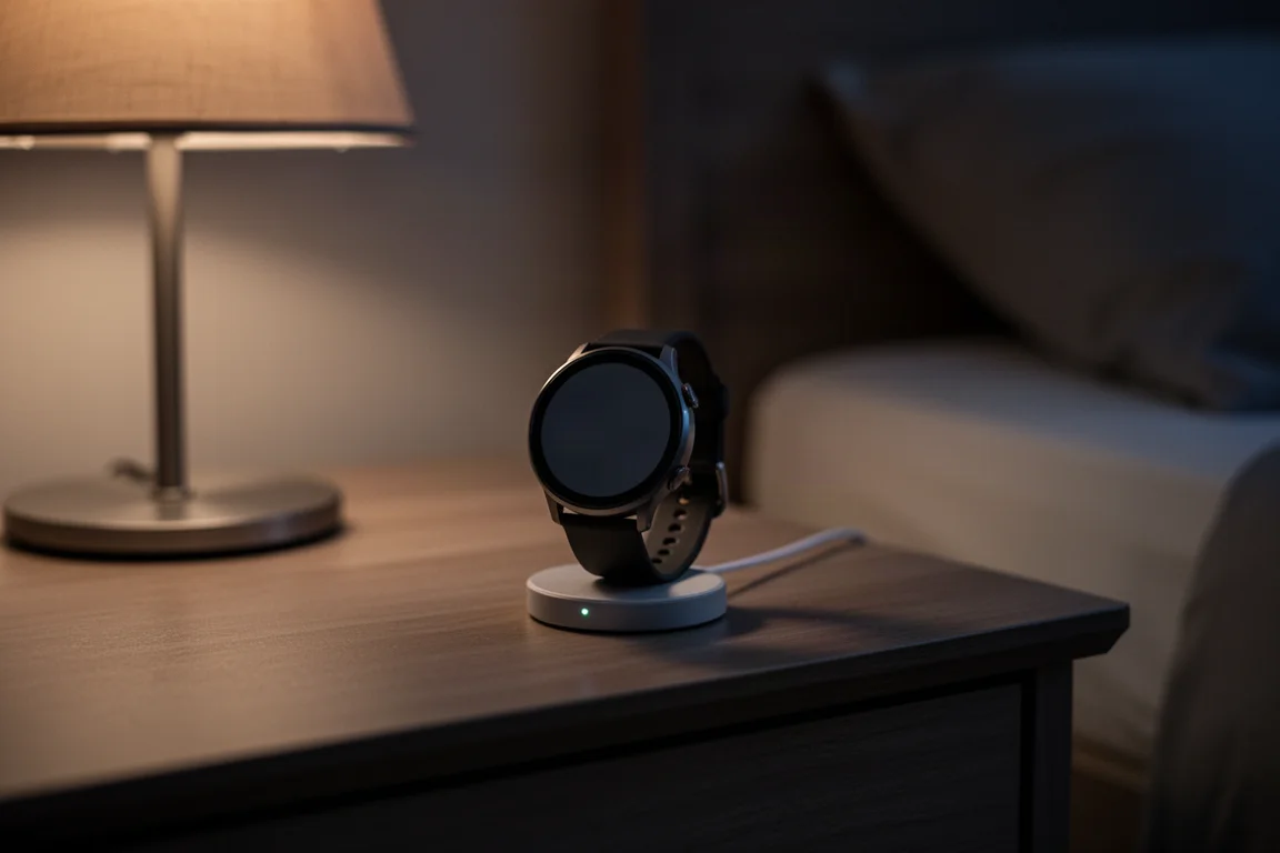 Smartwatch ładujący się nocą na szafce nocnej w delikatnej poświacie