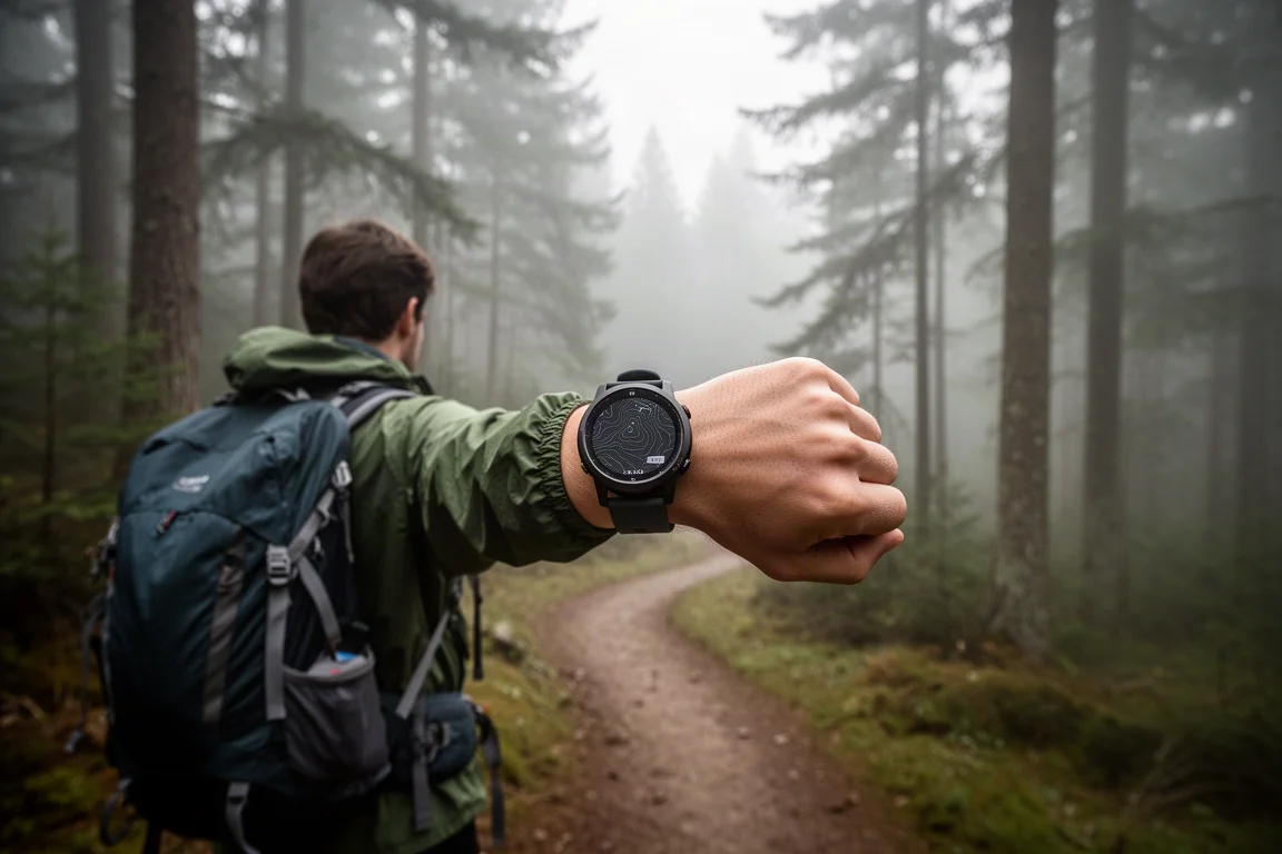 Escursionista consulta una mappa topografica su uno smartwatch durante una camminata