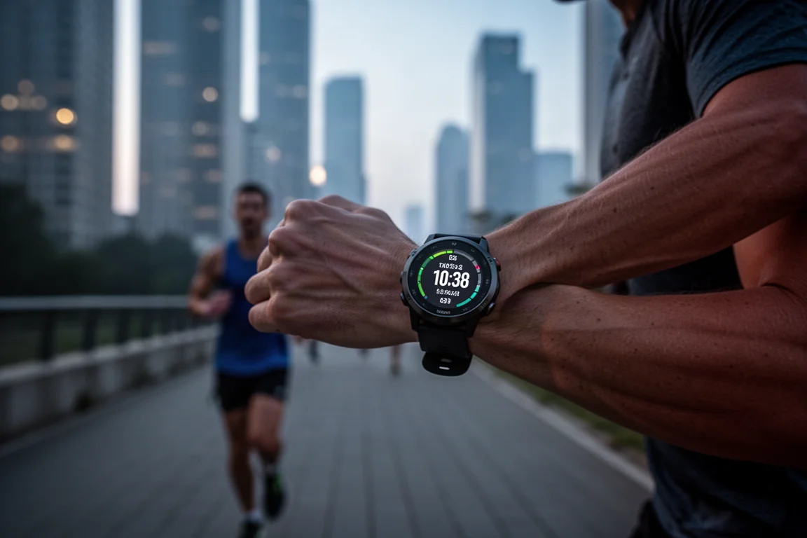 Podista che si allena al tramonto su una pista cittadina indossando un orologio sportivo GPS