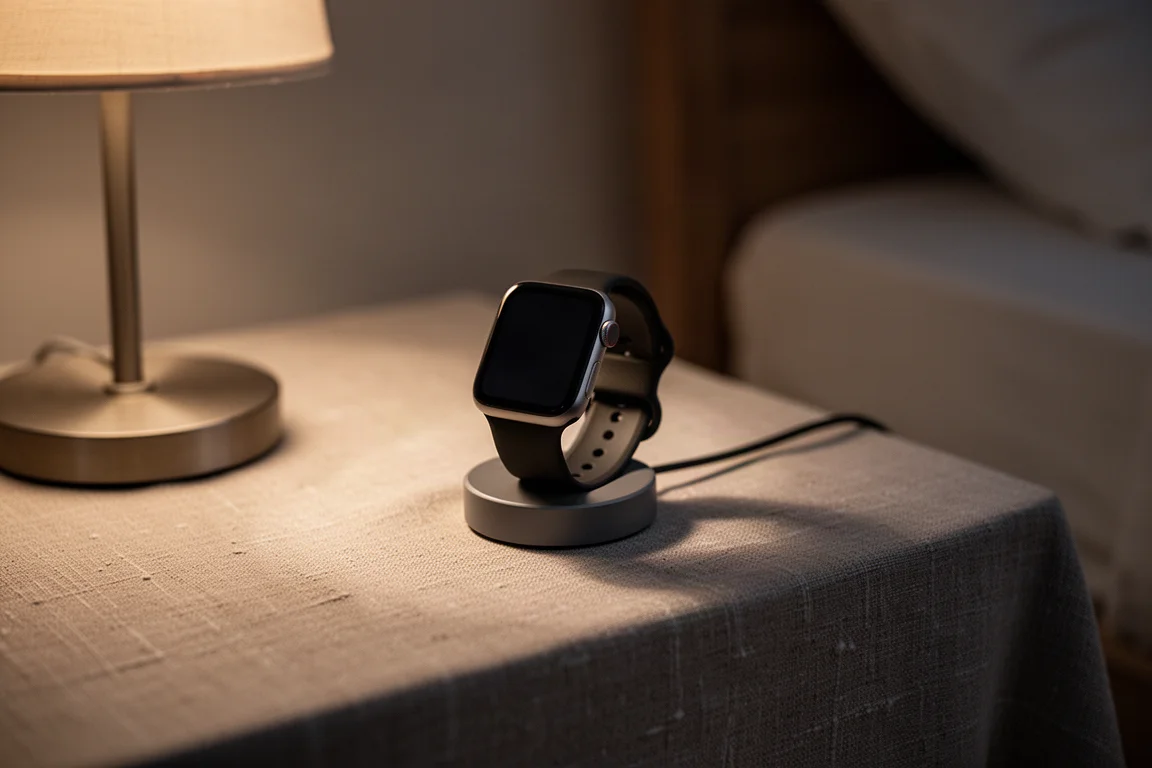 Smartwatch in ricarica su un comodino di notte con display attenuato