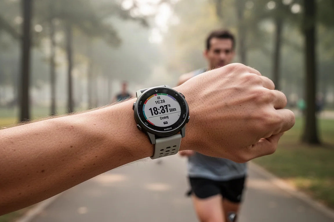 Un runner lancia uno sguardo a uno smartwatch tondo al polso durante una corsa all'aperto