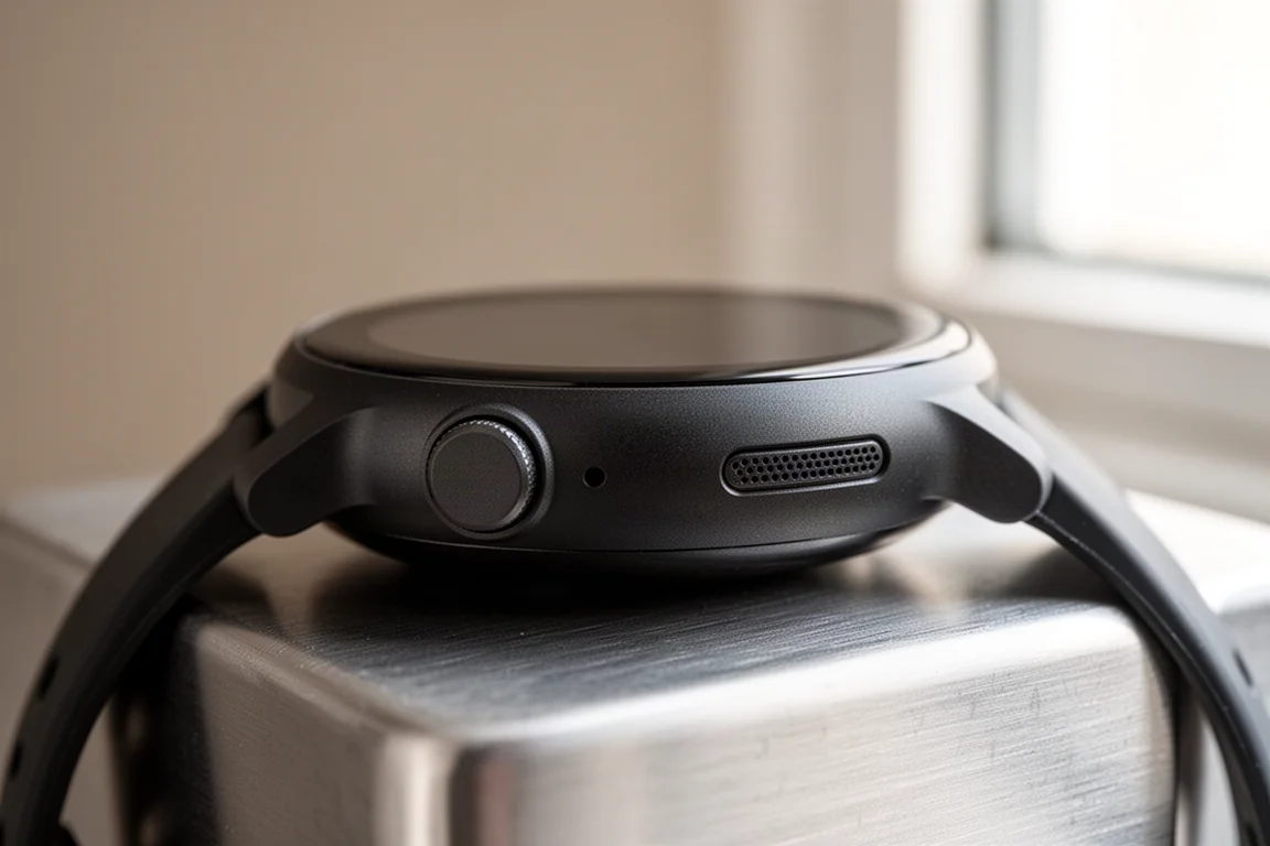 Primo piano del pulsante laterale e della griglia dell'altoparlante di uno smartwatch