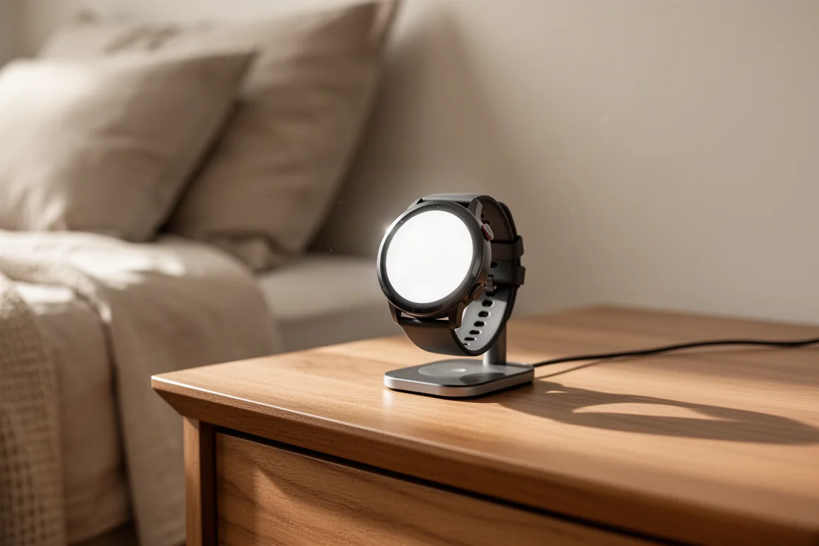Smartwatch su un comodino che mostra le statistiche di salute mattutine