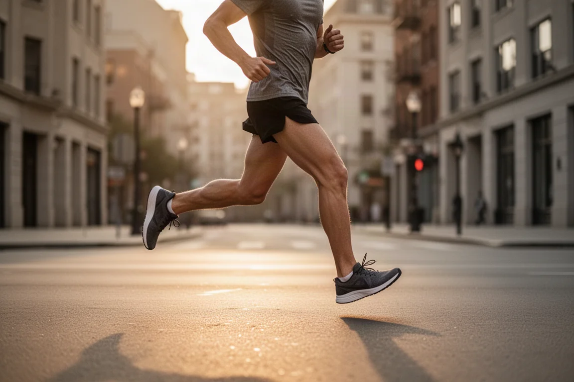 Un runner attraversa una strada cittadina mentre traccia la corsa con un orologio da polso