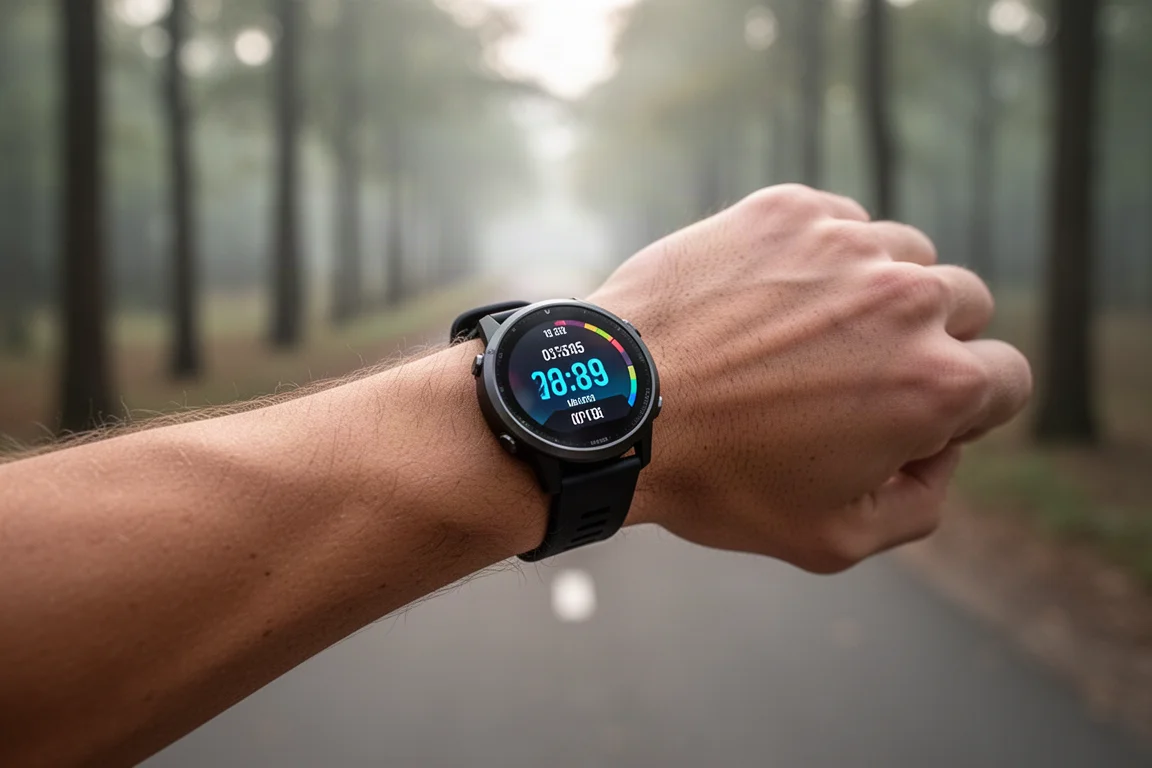 Runner checking a GPS smartwatch mid-stride on a tree-lined path