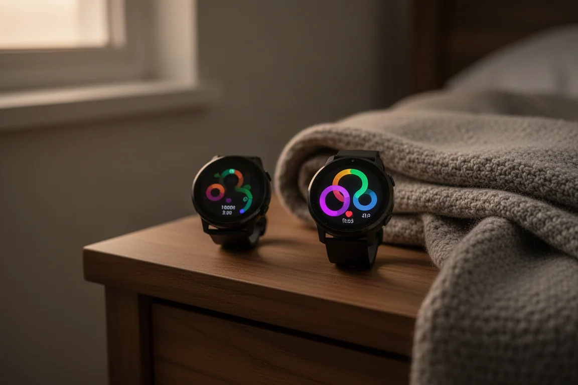 Smartwatch on a bedside table showing overnight sleep tracking data
