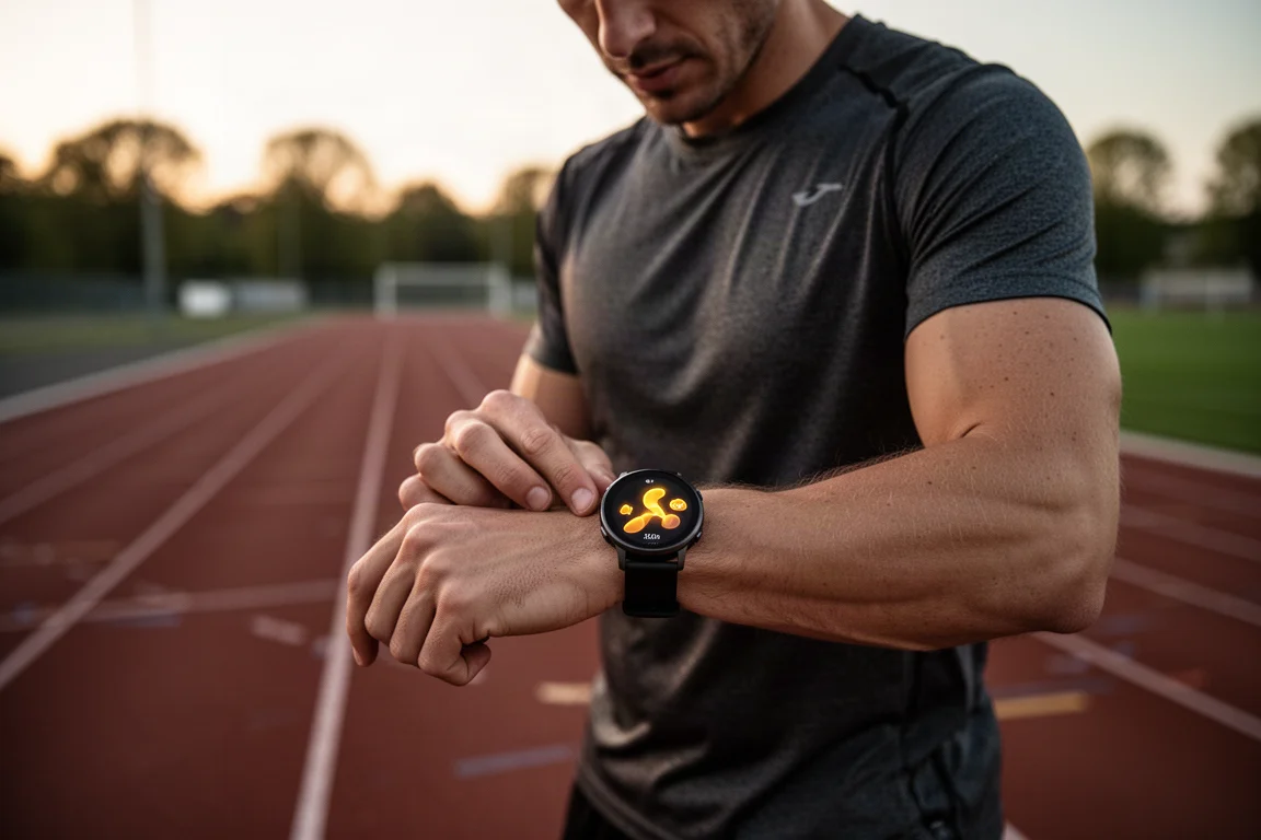 Athlete checking running data on a smartwatch after an interval session