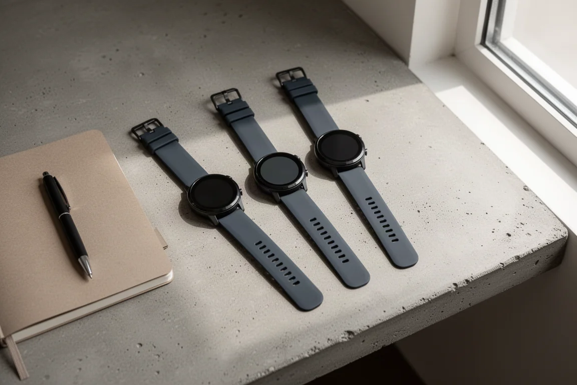 Three smartwatches arranged on a desk during a buying comparison