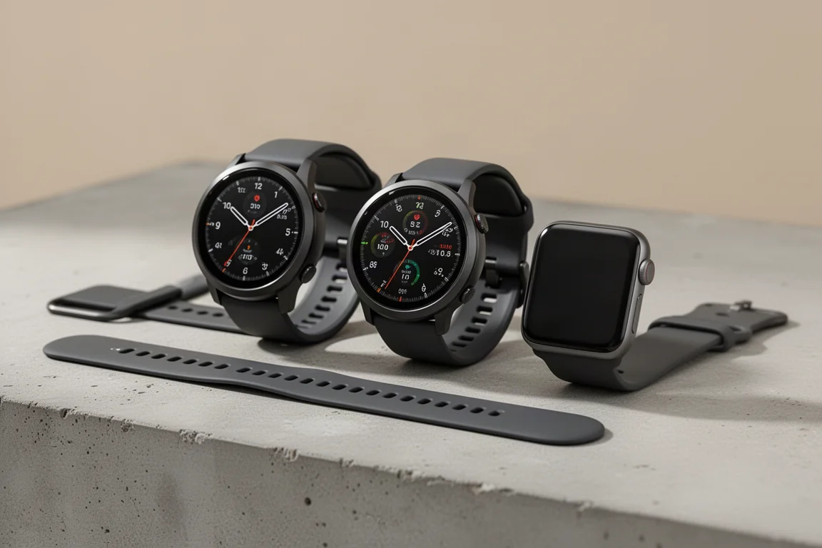 Three Garmin smartwatches arranged side by side on a concrete surface