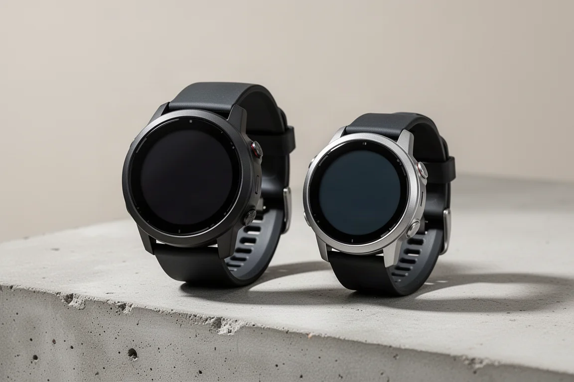 Two round Garmin smartwatches side by side on a concrete surface