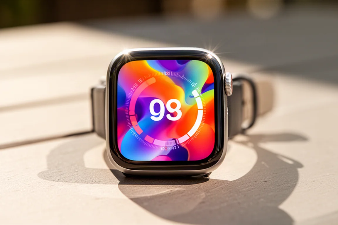 Zbliżenie na jasny wyświetlacz AMOLED zegarka sportowego czytelny w pełnym słońcu