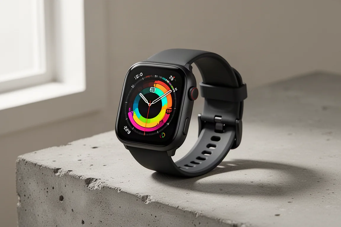 Square GPS smartwatch with bright AMOLED display on a concrete surface