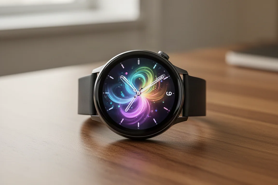 Gros plan sur un écran de montre connectée AMOLED affichant un cadran coloré en direct