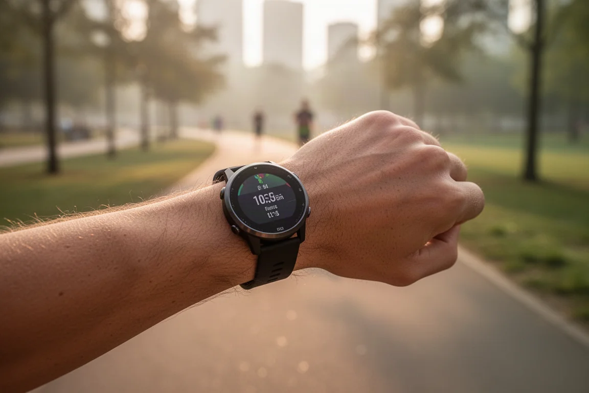 Coureur lançant une course tôt le matin avec une montre GPS au poignet