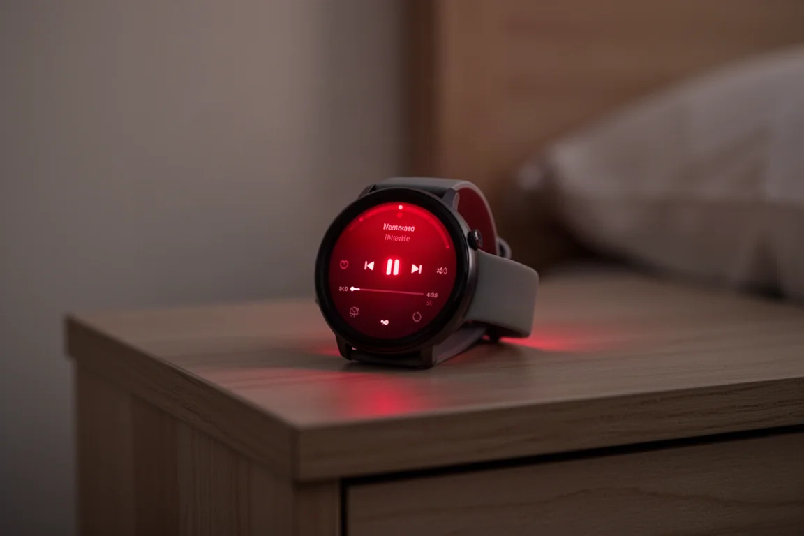 Montre connectée diffusant de la musique via son haut-parleur intégré posée sur un bureau