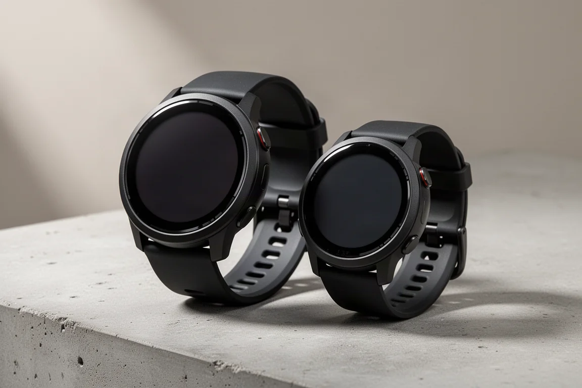 Garmin Venu 3 und kleinere Venu 3S Smartwatches nebeneinander auf Beton