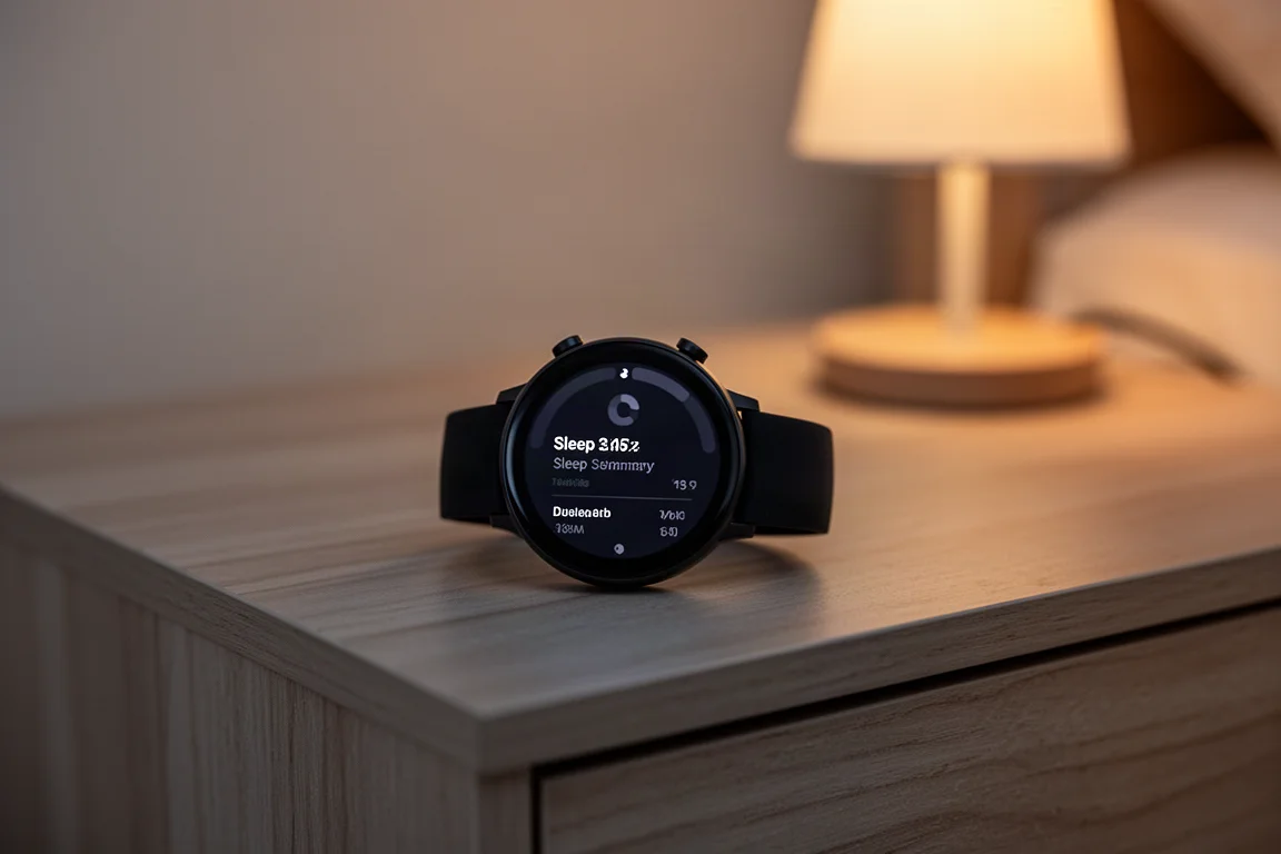 Smartwatch on a bedside table at night showing a sleep summary screen