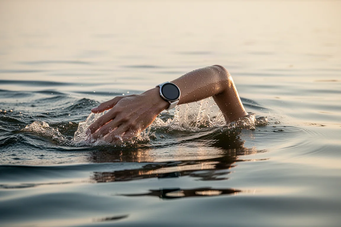 Swimmer gliding through open water with a smartwatch on the wrist