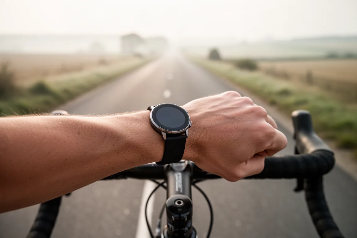 Cyclist's wrist with a GPS watch recording a ride beside handlebars
