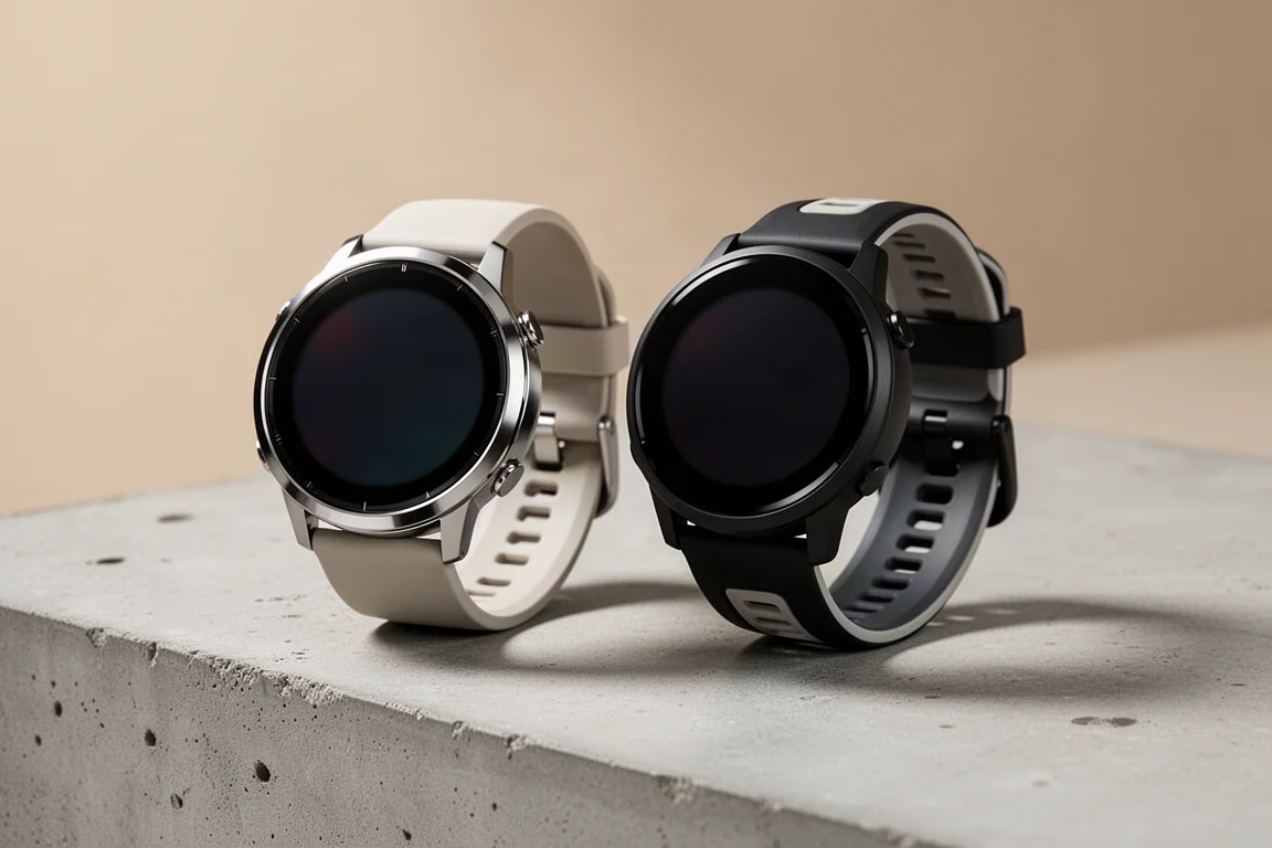Garmin Venu 3 與 Garmin Forerunner 265 智能手錶並排放喺水泥地上