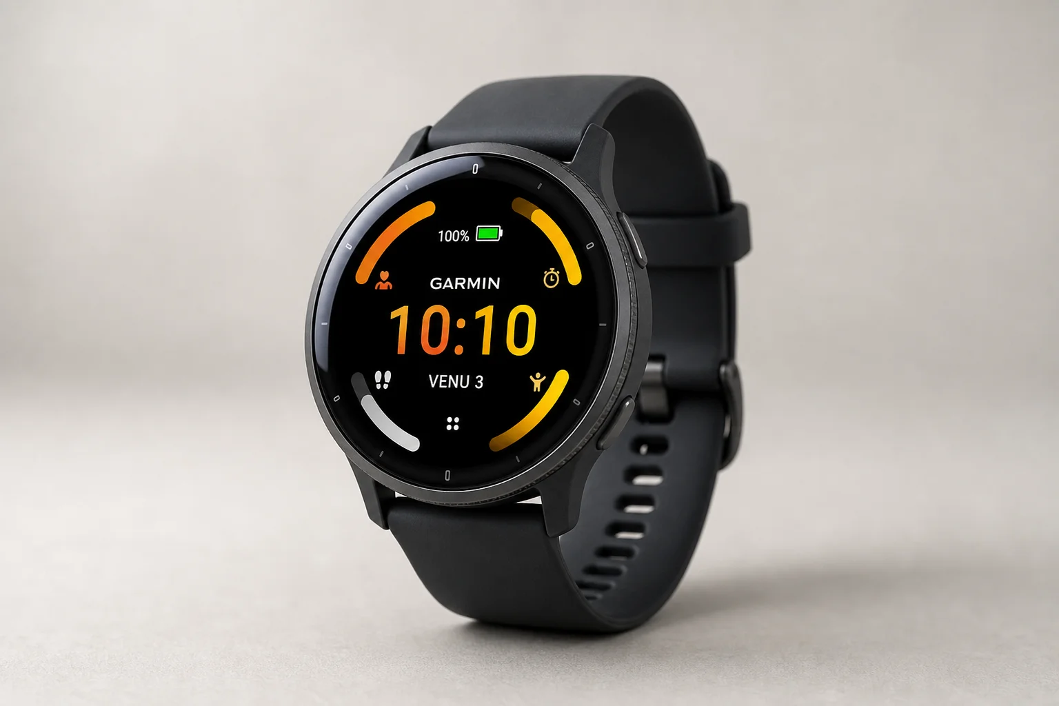 Sammlung von fünf Garmin Sportuhren auf einer Oberfläche aus gebürstetem Aluminium