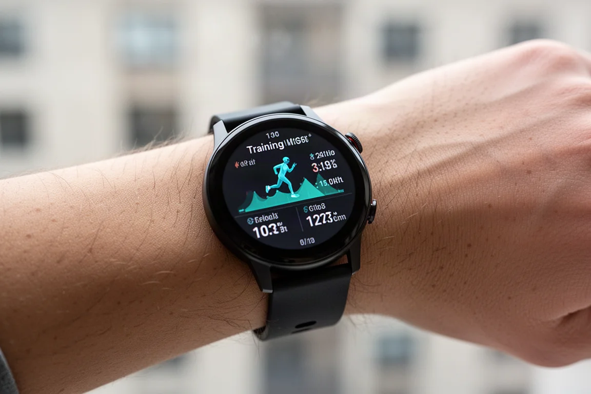 Smartwatch on a wrist showing a bright training metrics screen outdoors