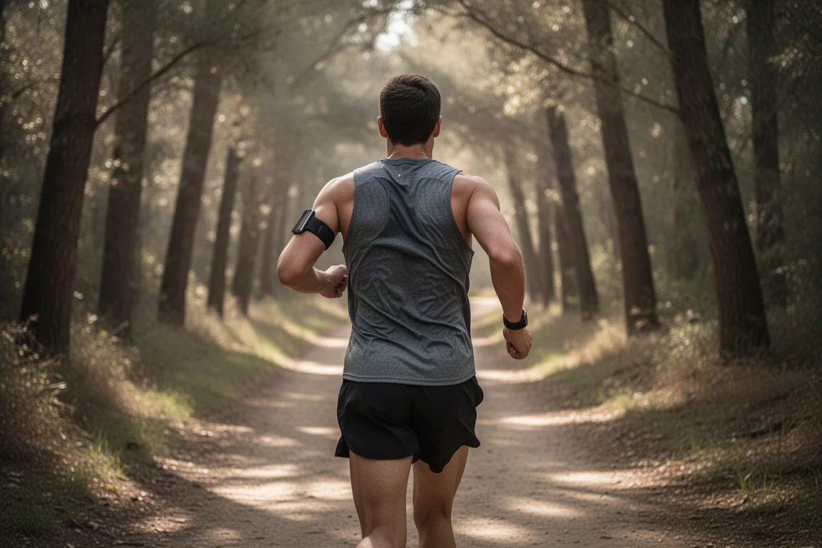 Runner training under trees on a trail, smartwatch on wrist